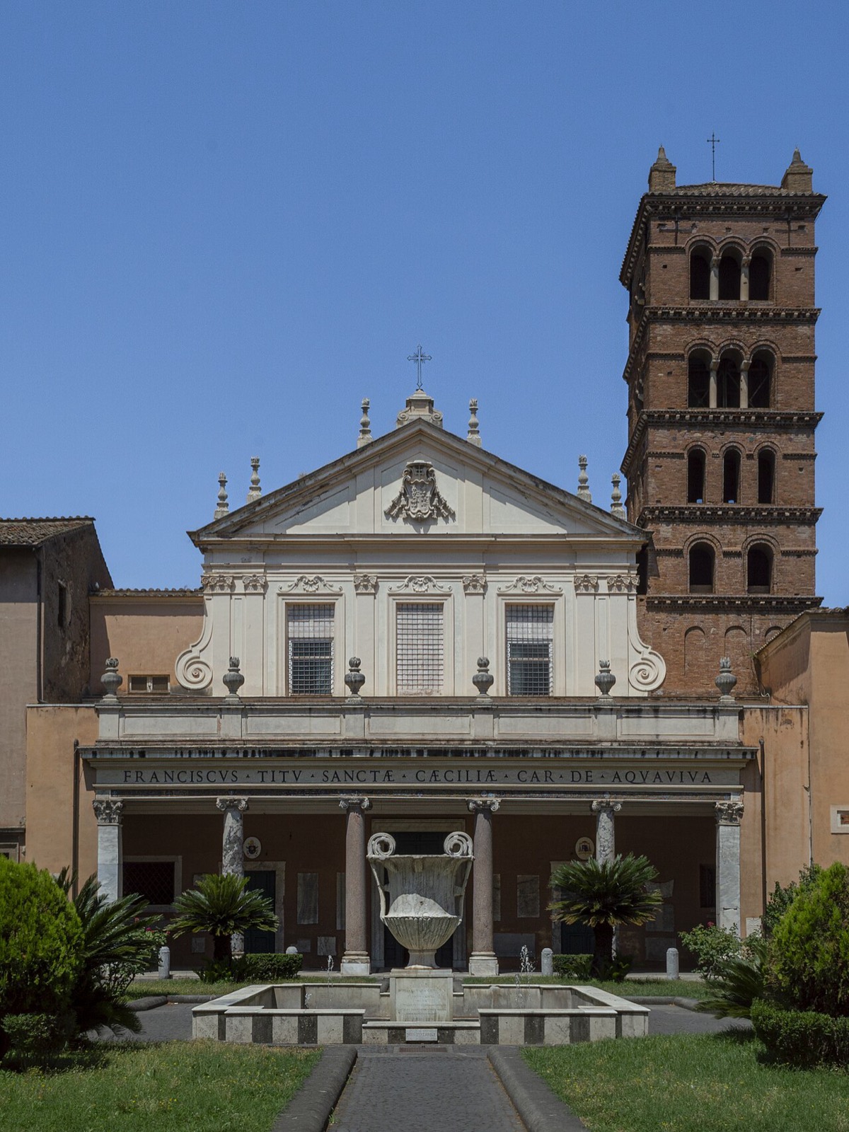 The courtyard and facade of Santa Cecilia in Trastevere, Rome.