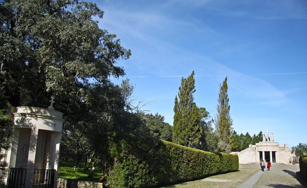 The Via Sacra at Valinhos near Fatima, with a small station chapel and the Calvario Hungaro in the distance.