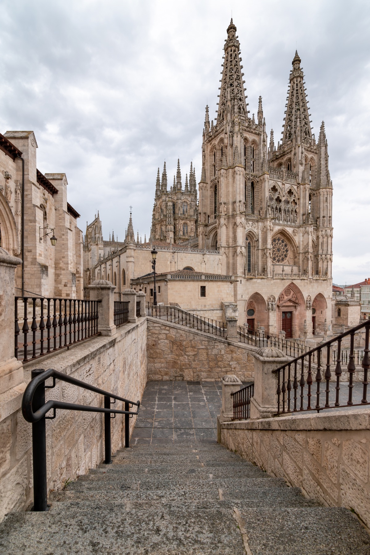 The staircase and Gothic facade of Burgos Cathedral in Castile and Leon.