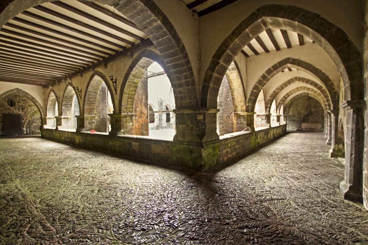 The stone cloister of the collegiate church at Roncesvalles on the Camino Frances.