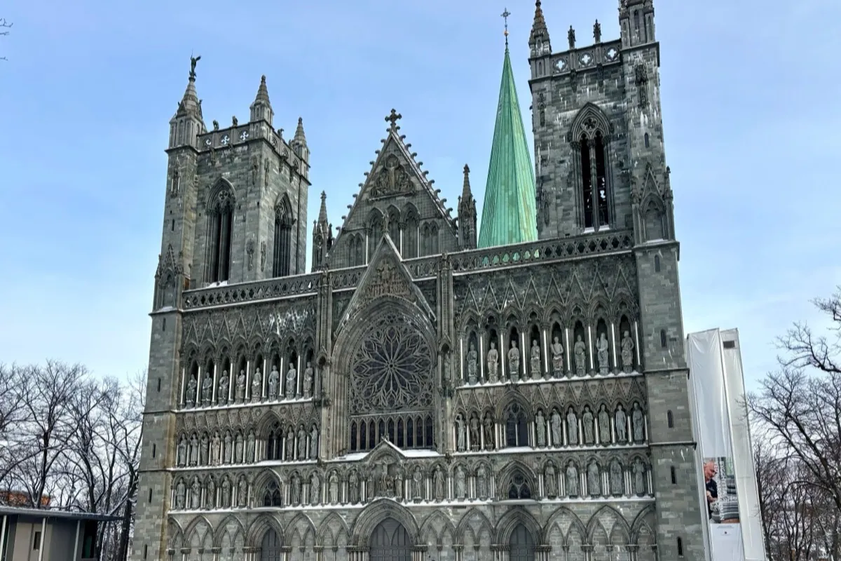 The Gothic west front of Nidaros Cathedral in Trondheim, goal of the Saint Olav Ways.