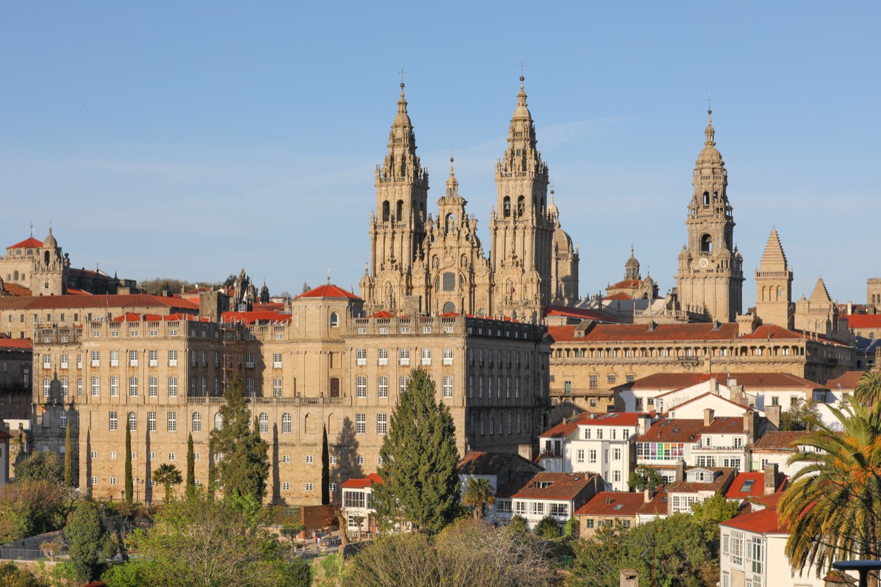 The Baroque towers of Santiago de Compostela Cathedral rising over the old city.