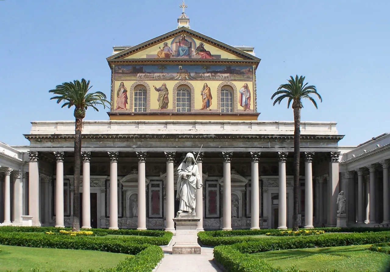 Facade and portico of the Basilica of St. Paul Outside the Walls in Rome.
