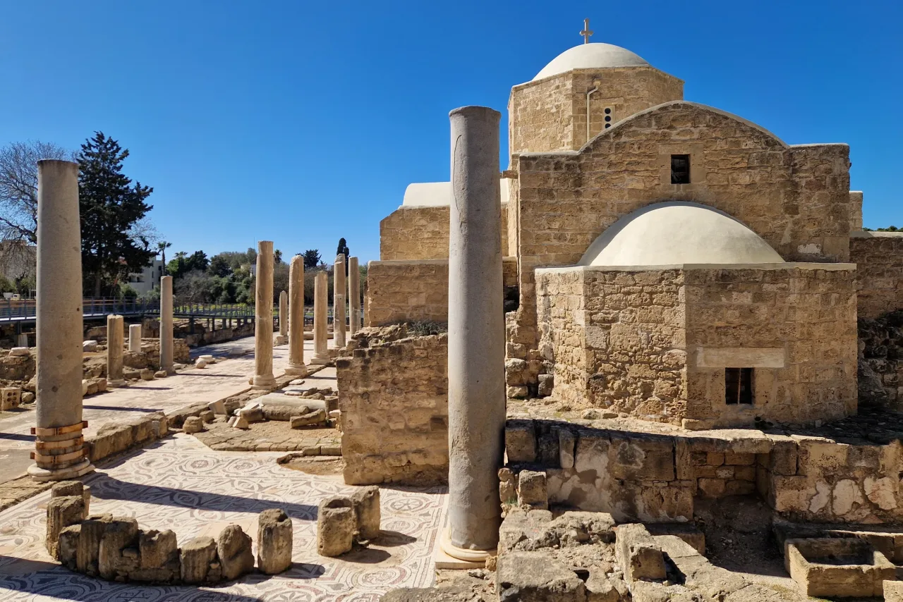 Agia Kyriaki Chrysopolitissa amid the early Christian basilica ruins and columns in Paphos, Cyprus.
