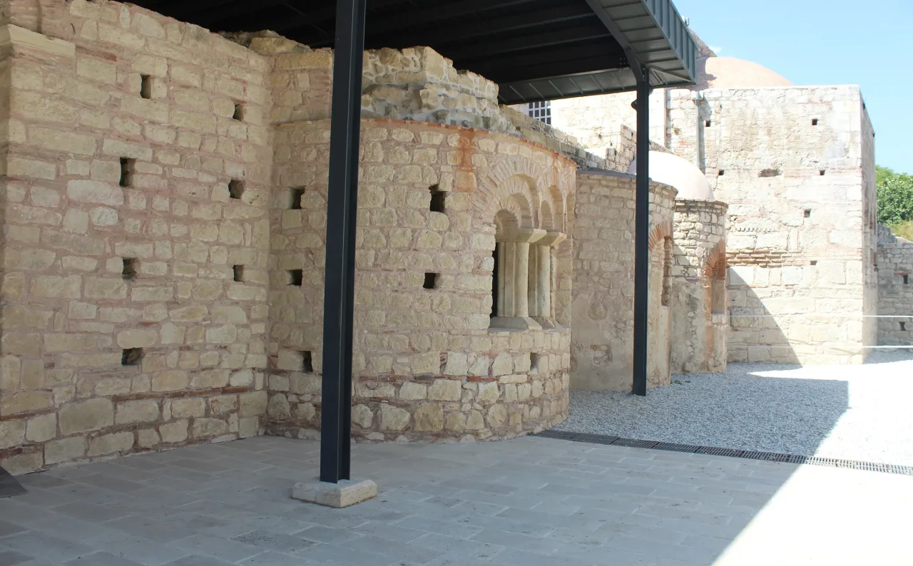 Apse, stone walls, and domes of the Church of St. Nicholas in Demre, ancient Myra, Türkiye.