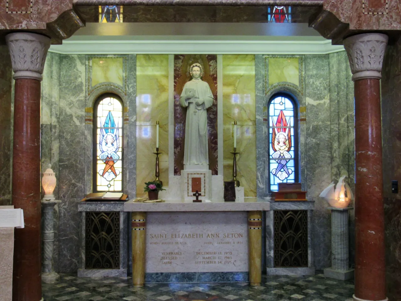 Saint Elizabeth Ann Seton's shrine and tomb beneath the Altar of Relics in the basilica at Emmitsburg.