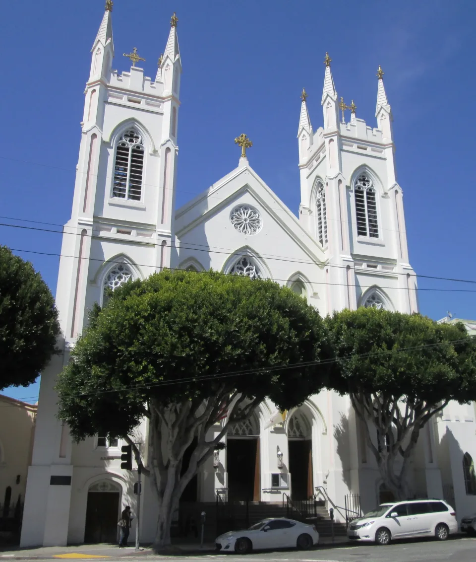 The white twin-towered Gothic front of the National Shrine of St. Francis of Assisi on Vallejo Street, seen above street trees.