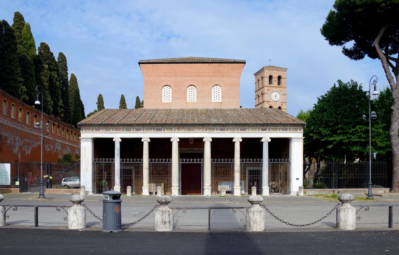 The columned entrance and bell tower of San Lorenzo fuori le Mura in Rome.