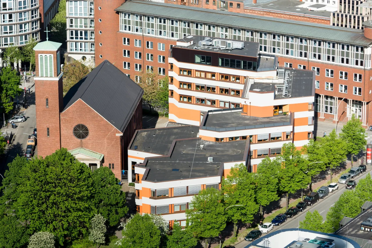 Kleiner Michel and the Catholic Academy seen from above in Hamburg-Neustadt.
