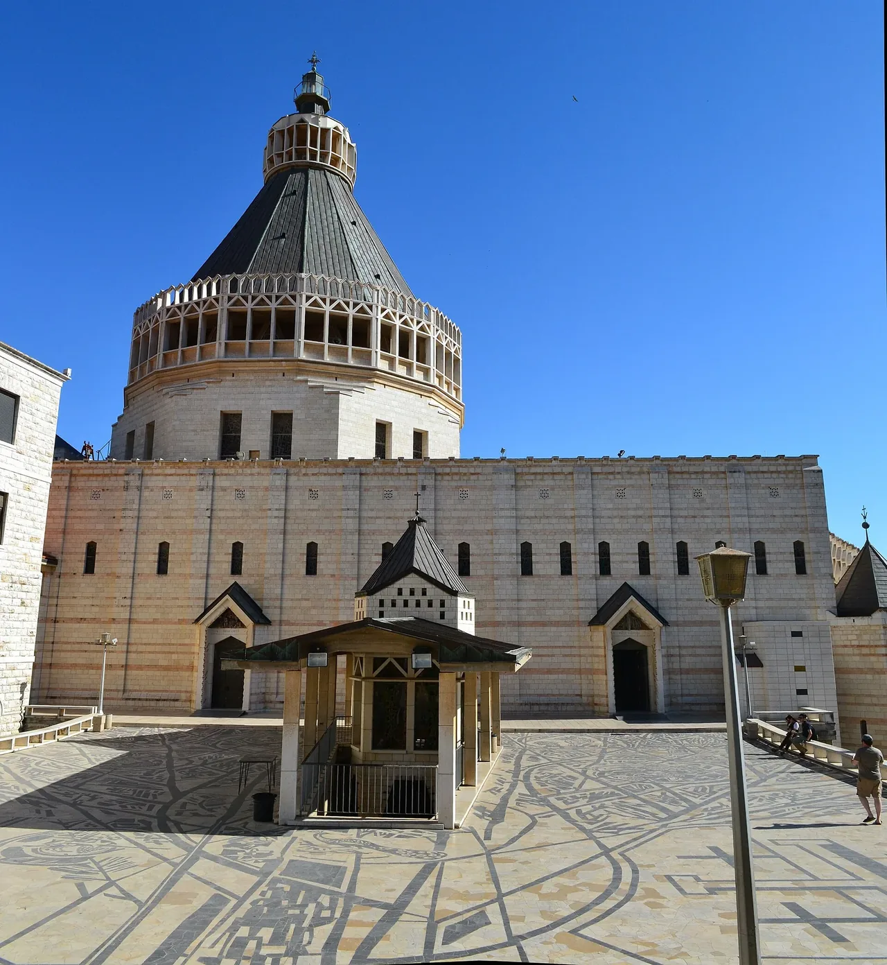 The stone facade and cupola of the Basilica of the Annunciation in Nazareth.