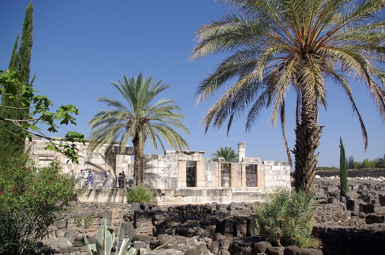 Stone ruins and columns of the ancient synagogue at Capernaum beside the Sea of Galilee.