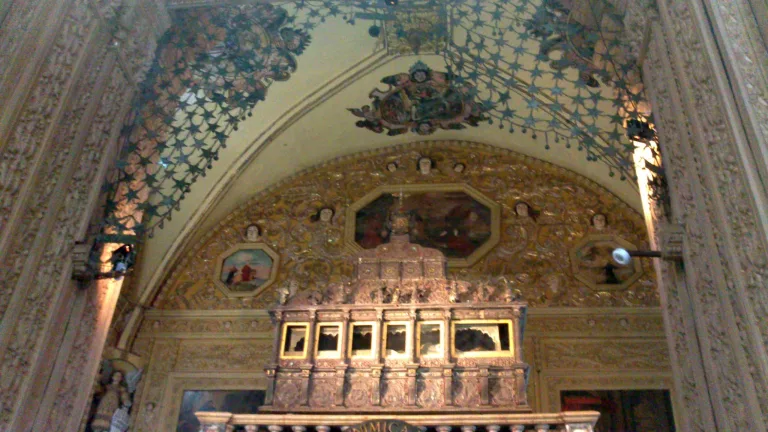 The elevated silver reliquary casket of Saint Francis Xavier in its Bom Jesus chapel, seen in March 2013.