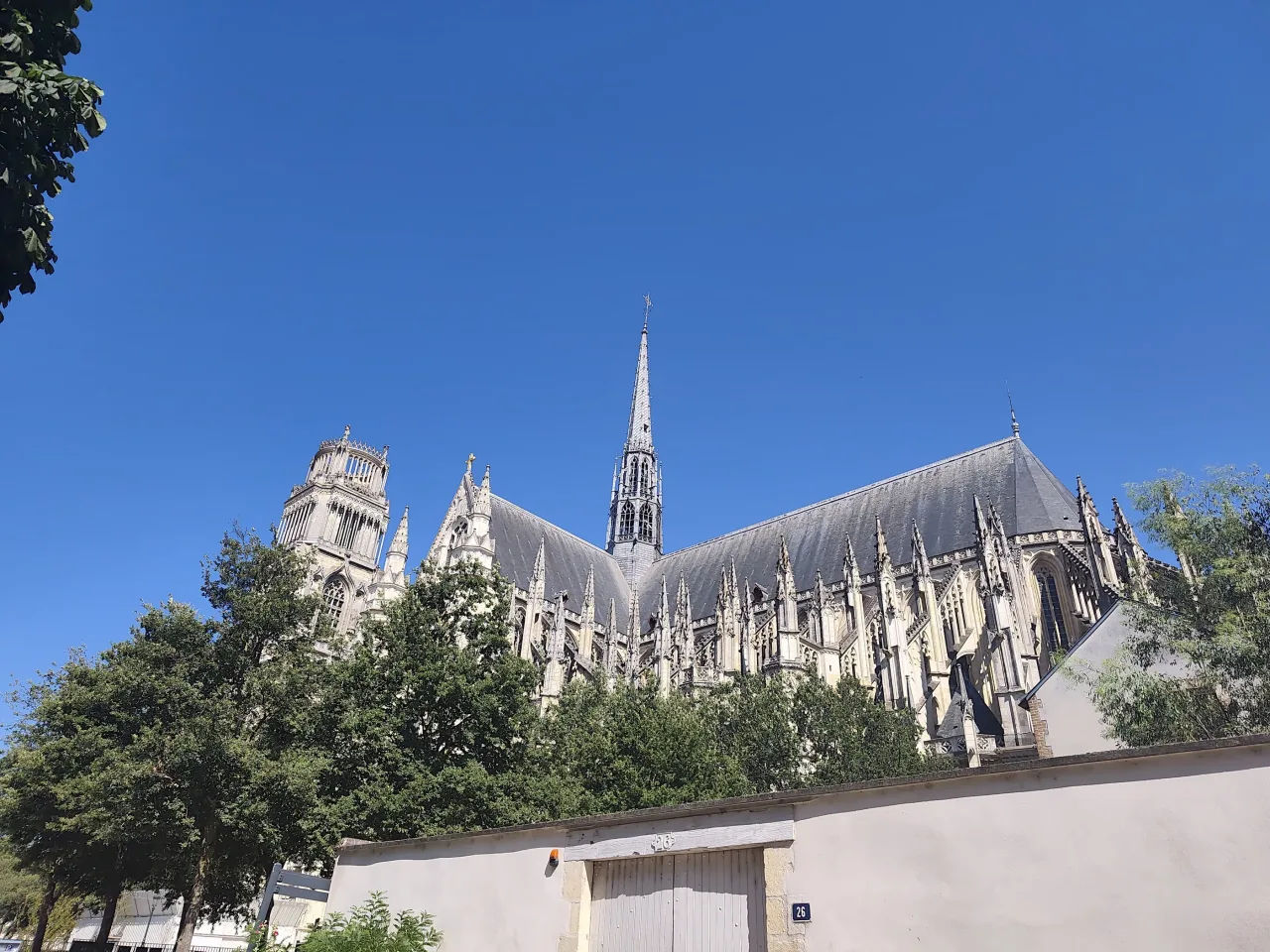 The cathedral of Sainte-Croix in Orleans seen from the south, its long roof, flying buttresses and central spire rising above a garden wall.