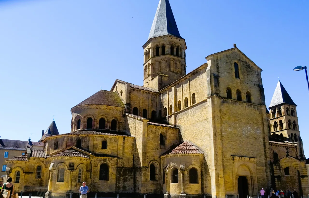 The Romanesque apses, transept and towers of the Sacred Heart basilica at Paray-le-Monial, seen from the east.