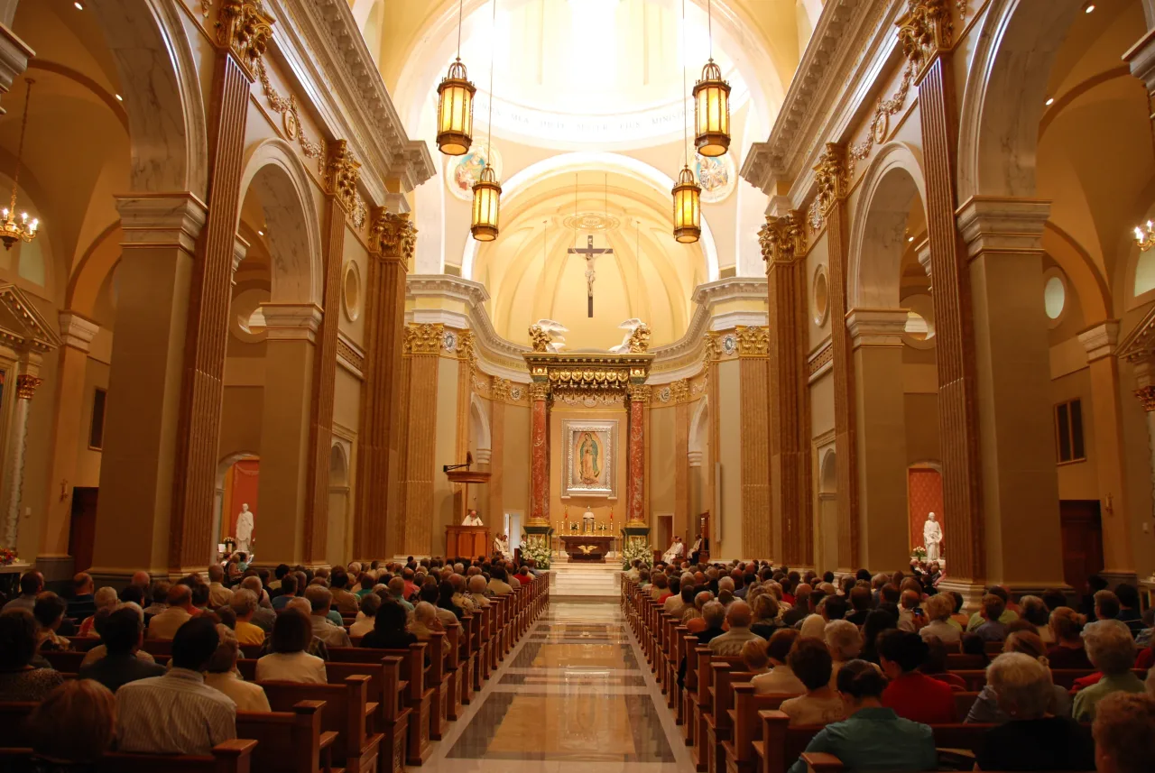 A full congregation at Mass inside the Shrine Church of Our Lady of Guadalupe near La Crosse.