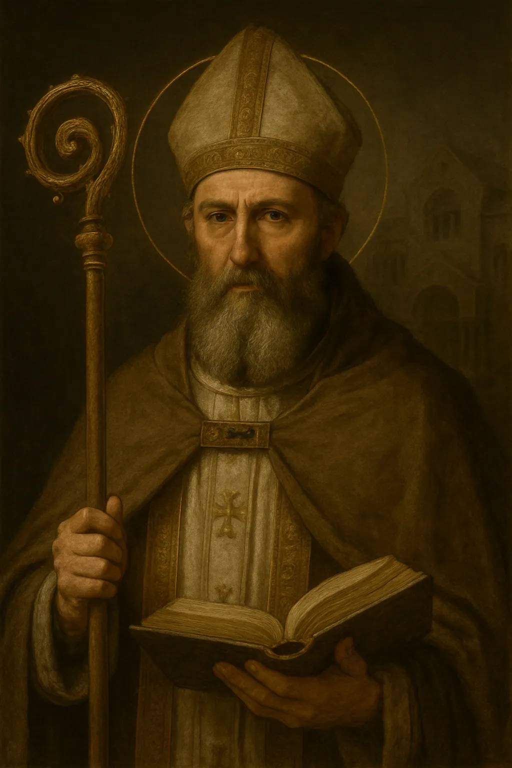 Saint Ambrose of Milan depicted as a bishop and Doctor of the Church holding a book and pastoral staff