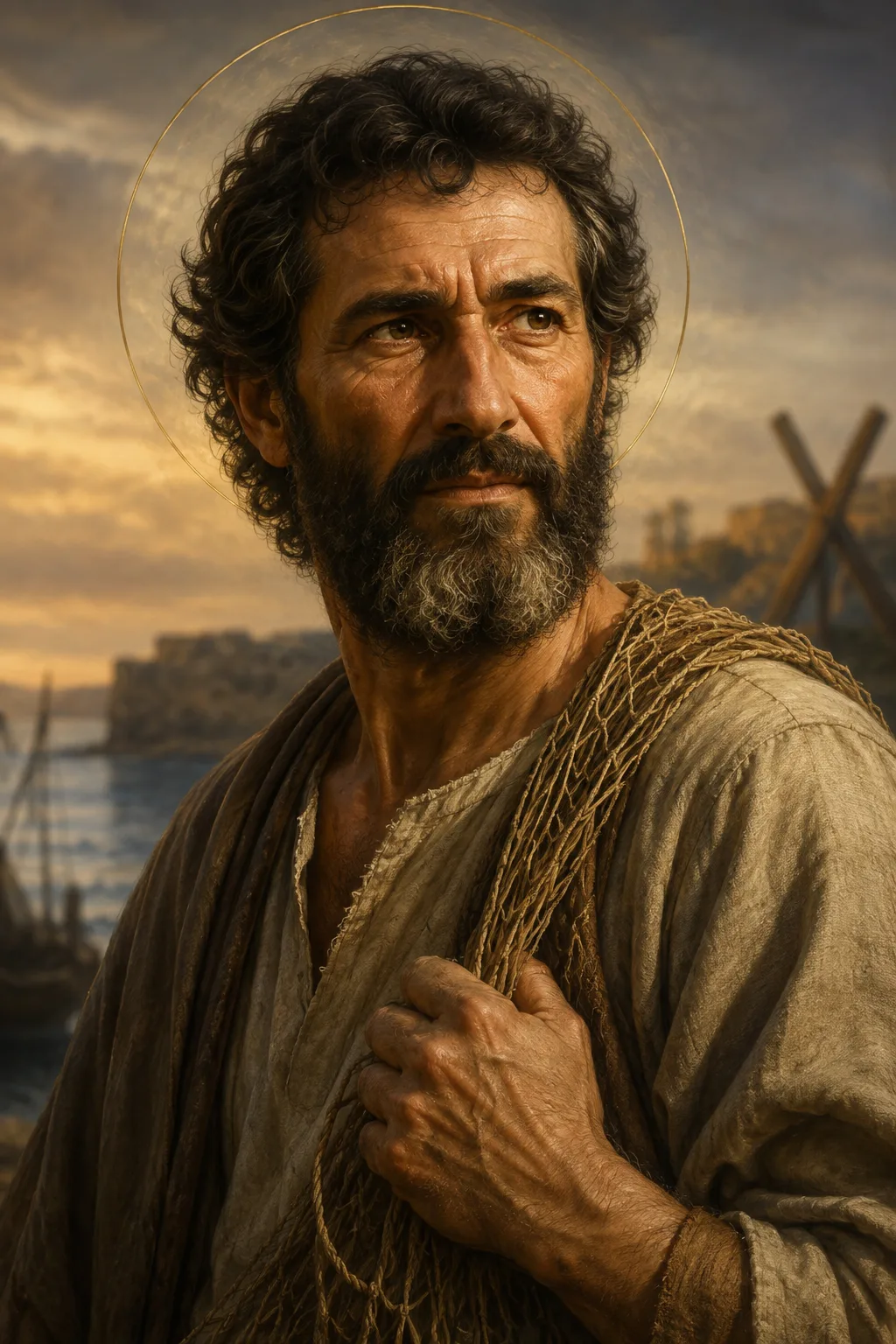 Contemporary devotional portrait of Saint Andrew holding a small cross and fishing net.