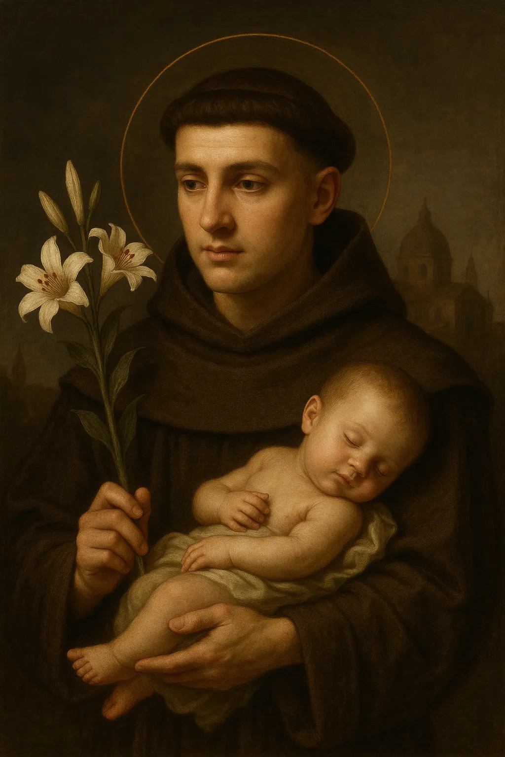 Saint Anthony of Padua, Franciscan friar, depicted in a brown habit holding a lily and the Christ Child