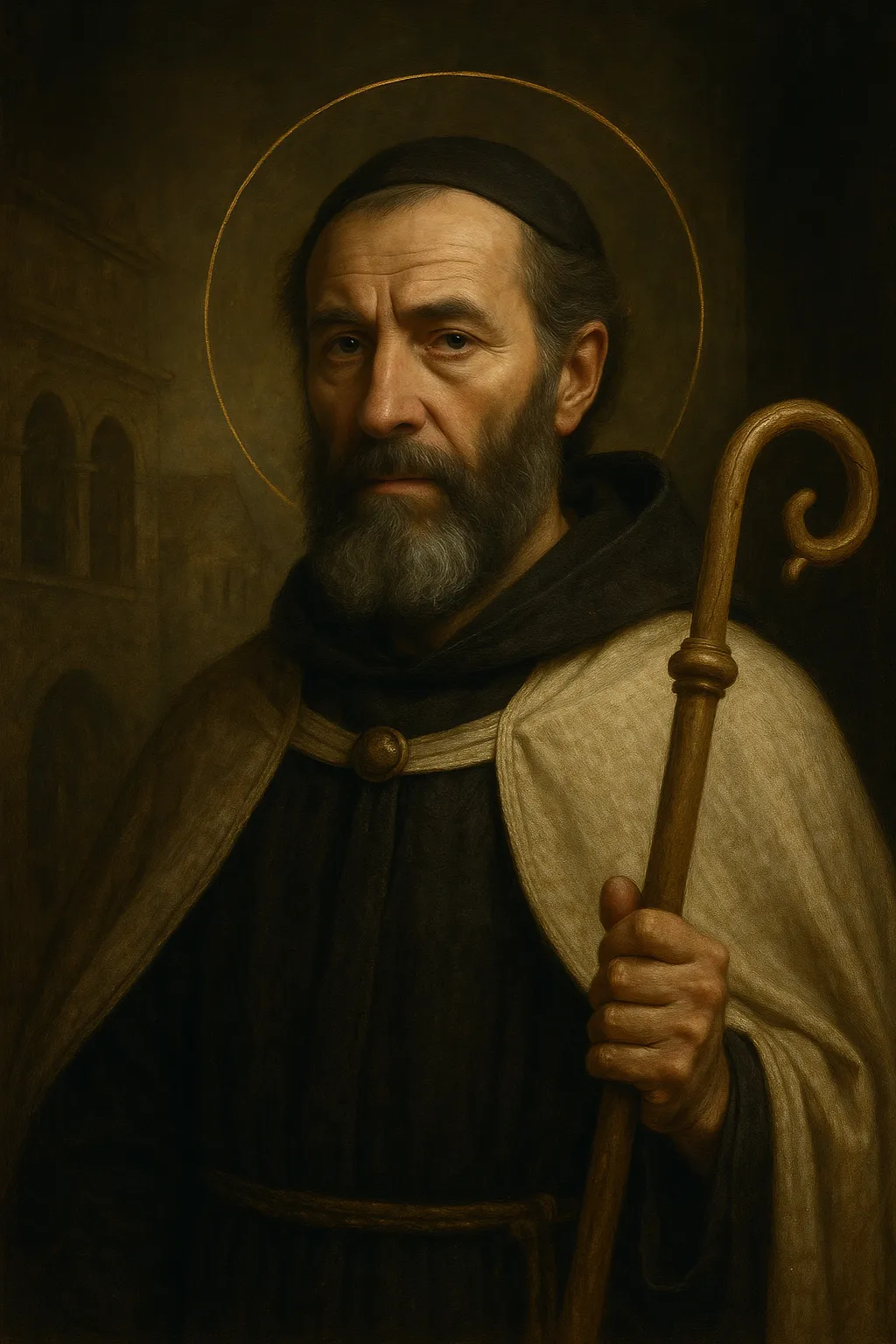 Saint Augustine of Canterbury as a bearded monk in a dark habit and pale cloak, holding a wooden crozier.
