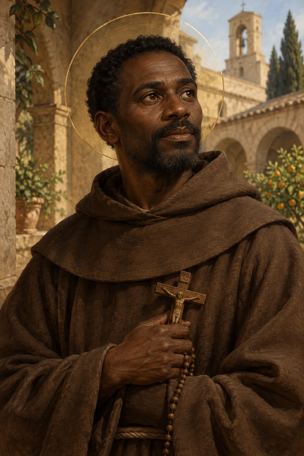 Saint Benedict the Moor in a Franciscan habit, holding a cross.