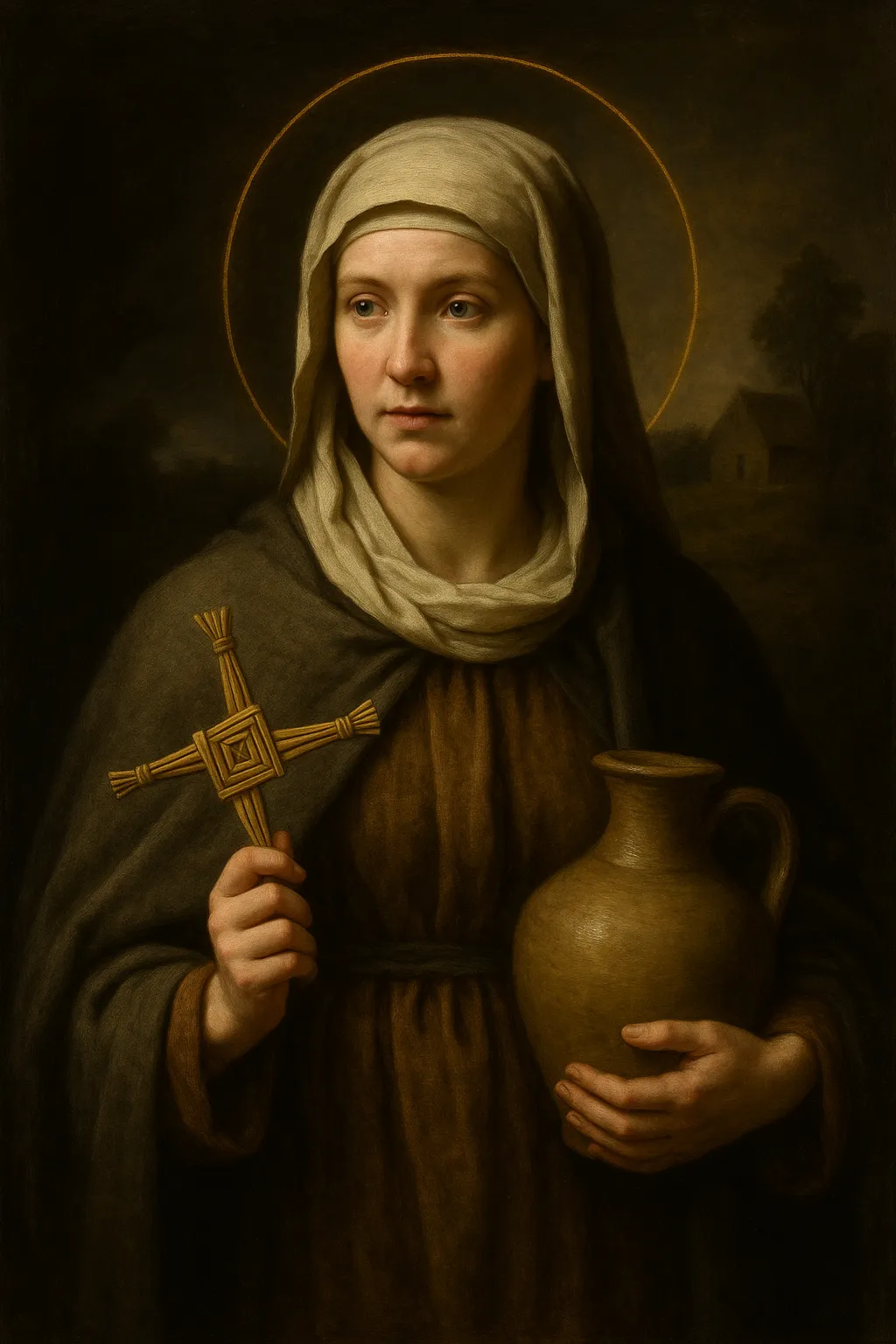 Saint Brigid of Kildare, holding a woven St. Brigid's cross and a vessel, with a hearth landscape behind her