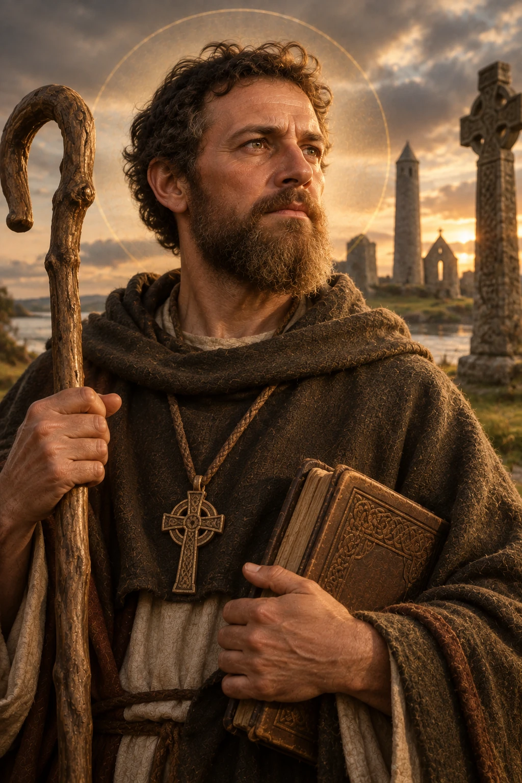 Saint Ciarán of Clonmacnoise in a monastic habit, holding a crozier and book.