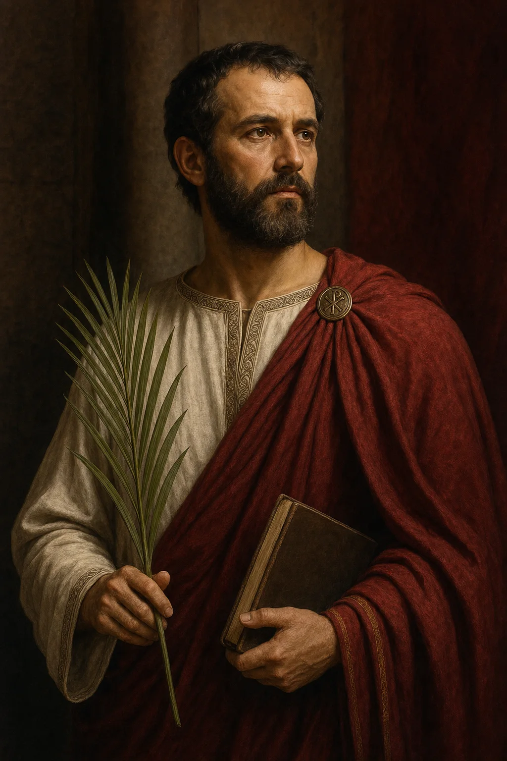 Contemporary devotional portrait of Saint Denis of Paris in restrained late-antique dress, holding a Gospel book and martyr’s palm.