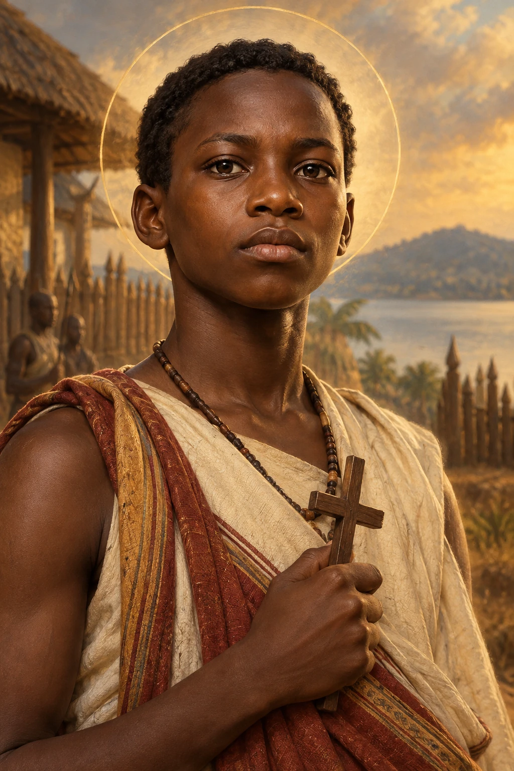 Saint Denis Ssebuggwawo in Ugandan dress, holding a cross.