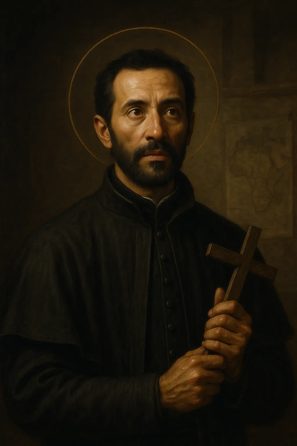 Saint Francis Xavier depicted as a Jesuit missionary priest holding a crucifix and looking toward the sea