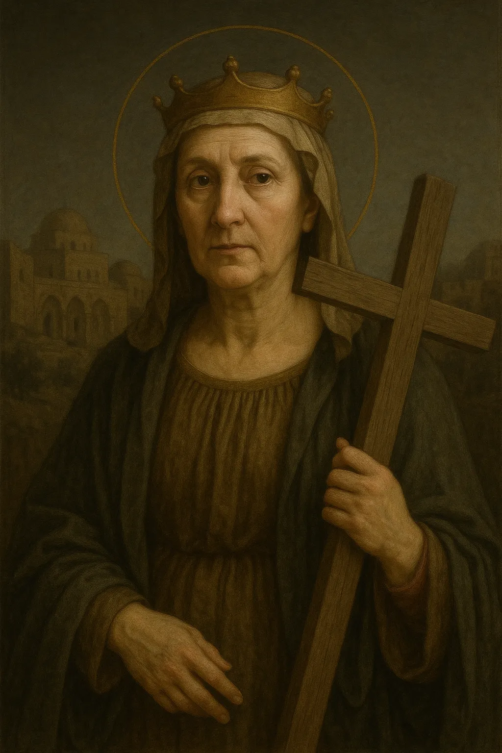 Saint Helena as an older woman with a crown, a pale veil and a halo, holding a plain wooden cross, with a domed city behind her.