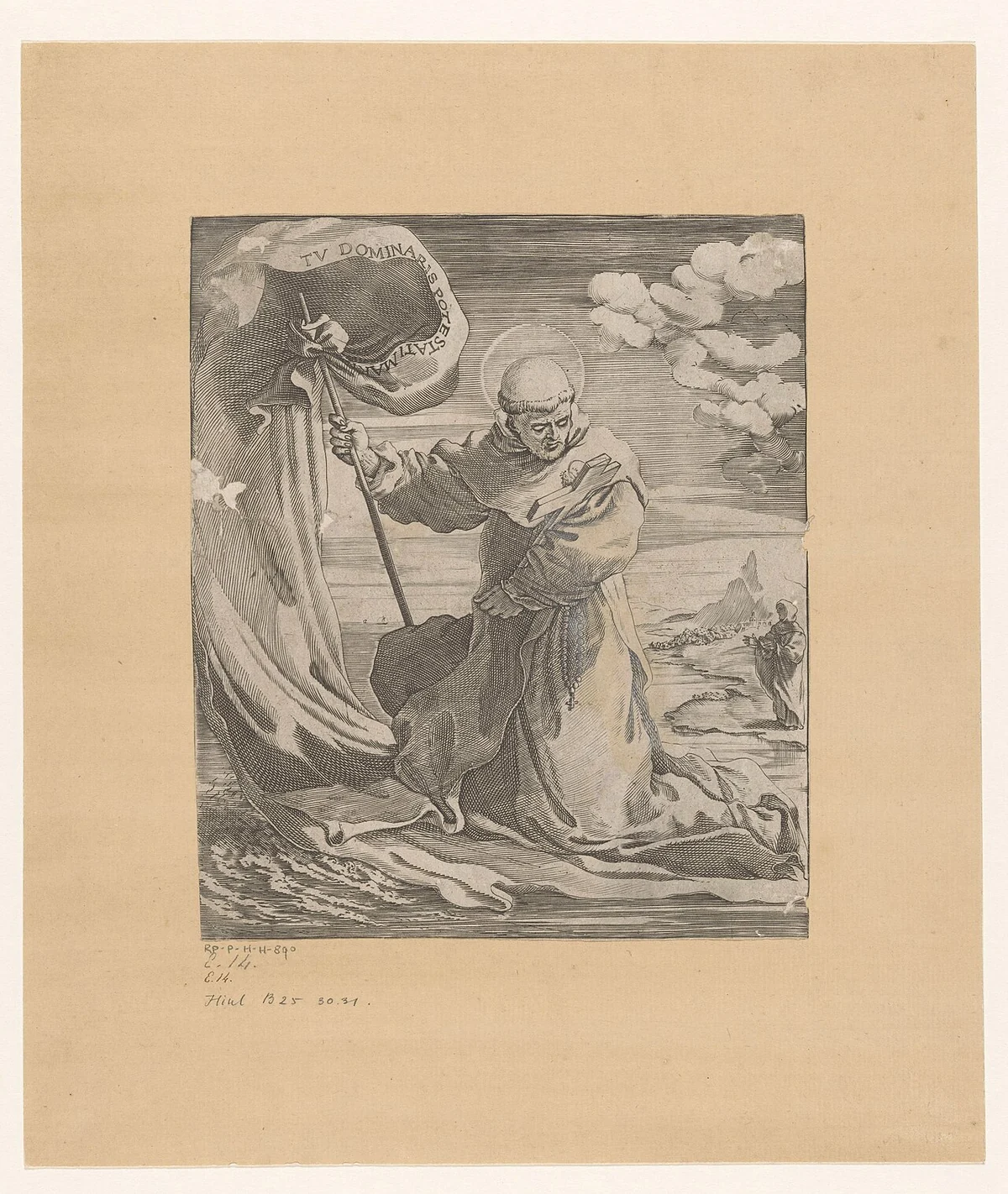 Historical engraving depicting Saint Hyacinth carrying a monstrance and an image of the Virgin Mary.