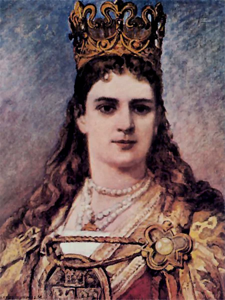 Jan Matejko’s historical portrait of Saint Jadwiga wearing a crown and red mantle.