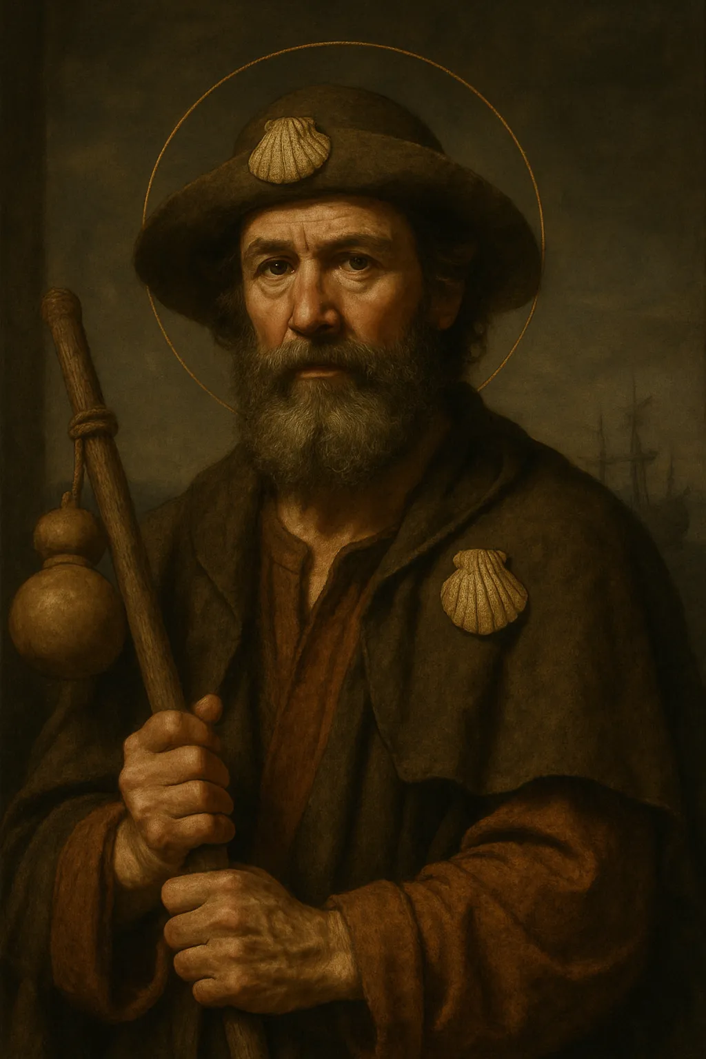 Saint James the Greater, apostle and pilgrim, shown with a staff and the scallop shell associated with the Camino de Santiago