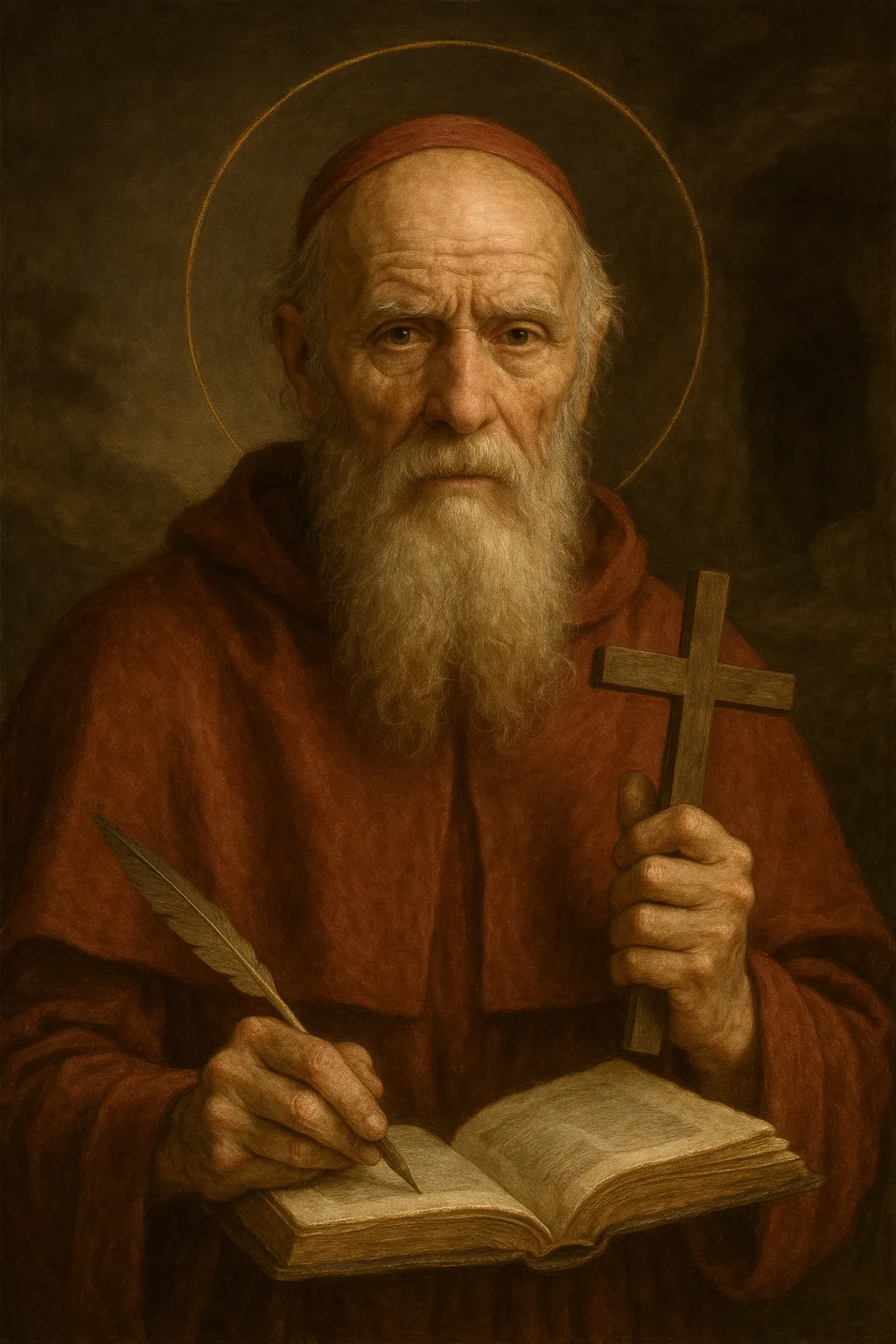 Saint Jerome depicted as an elderly scholar and Doctor of the Church with Scripture, a quill, and a lion nearby