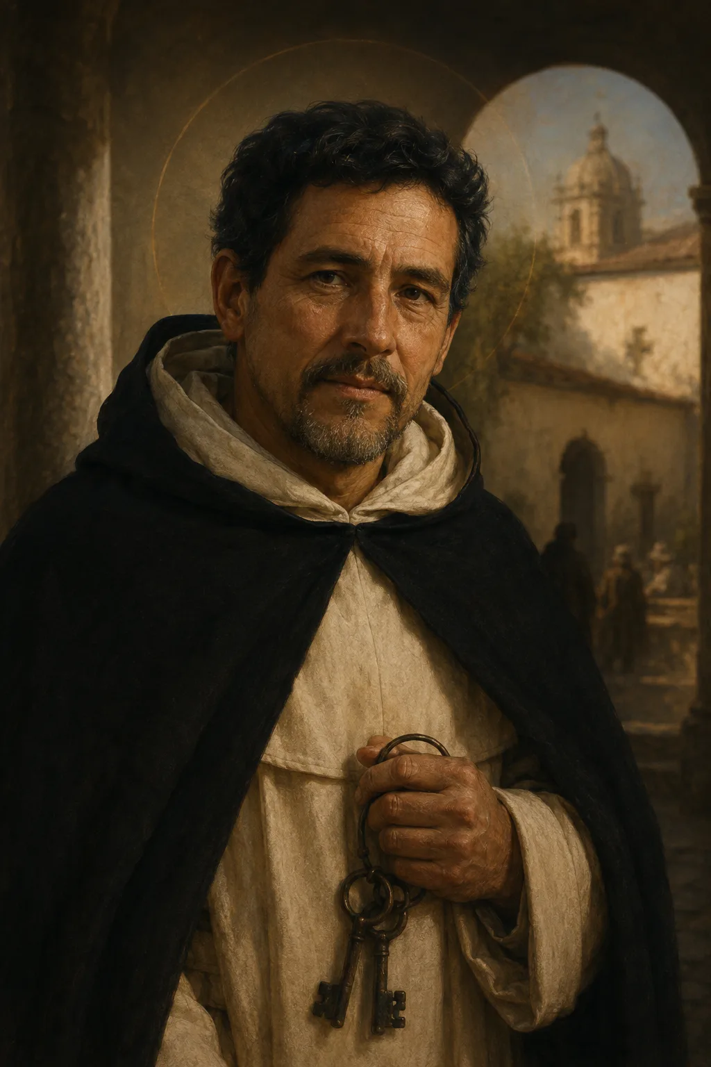Contemporary devotional portrait of Saint John Macías in the Dominican lay-brother habit.