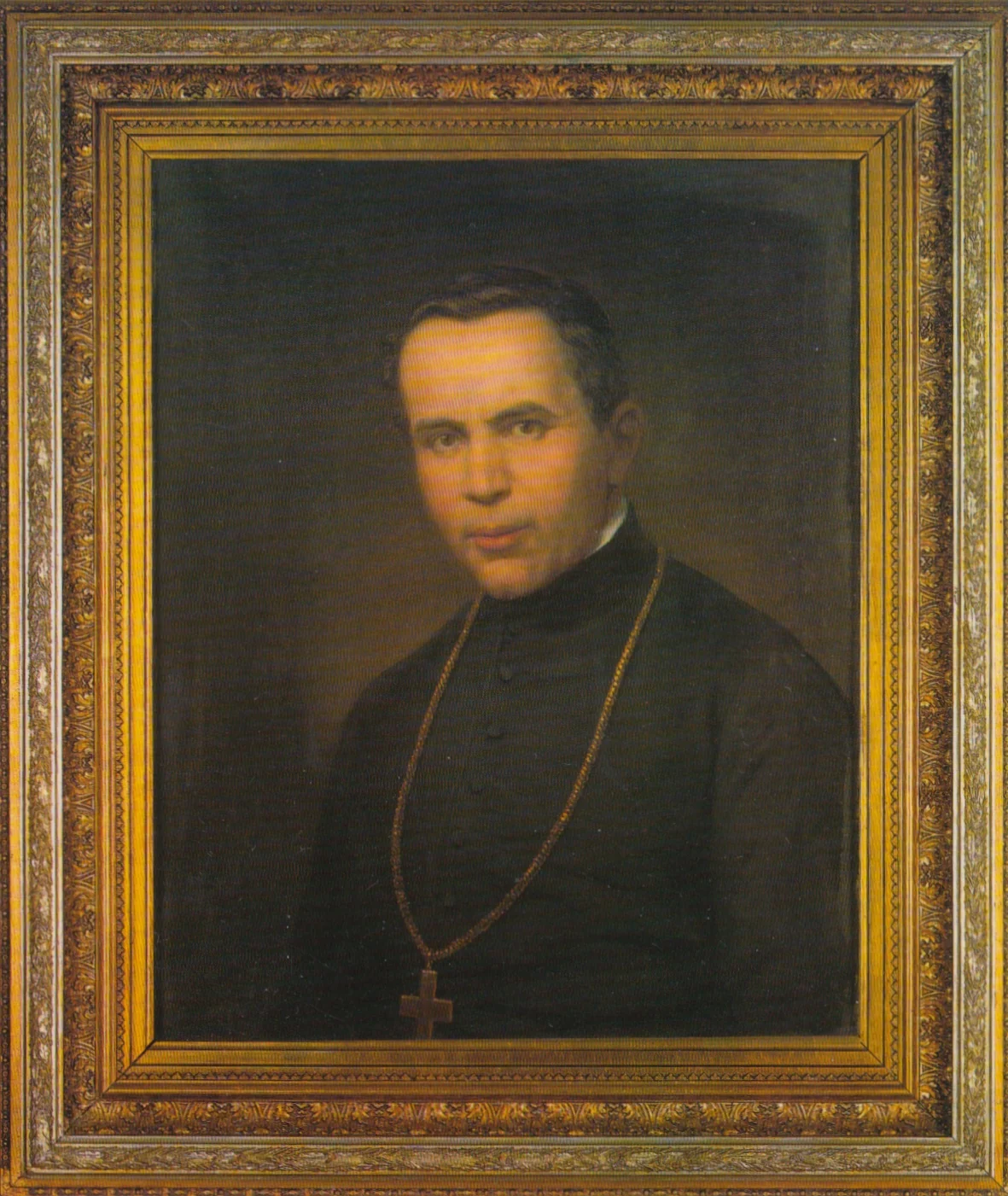Historical painted portrait of Saint John Neumann wearing a black cassock and pectoral cross.