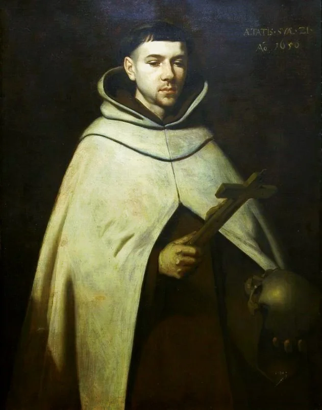 Historical painting of Saint John of the Cross in Carmelite habit holding a crucifix