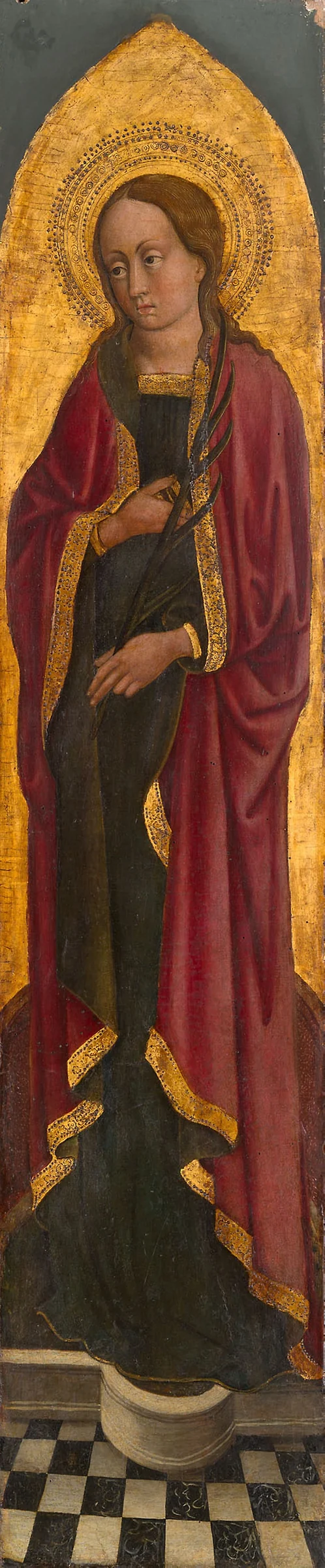 Early Venetian painted panel of Saint Justina of Padua holding a martyr’s palm.