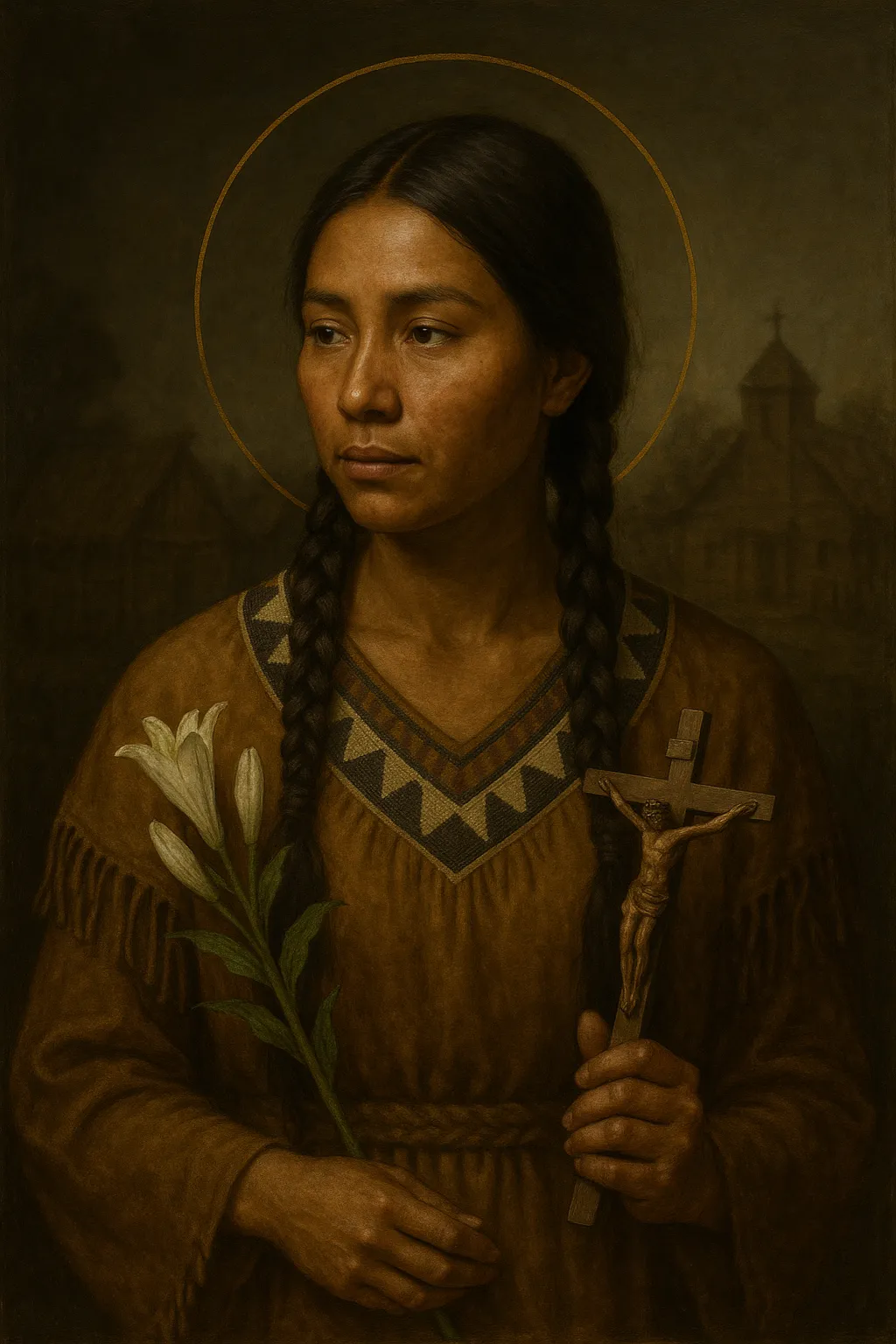 Saint Kateri Tekakwitha depicted as a young Mohawk Catholic woman in prayer, holding a small cross