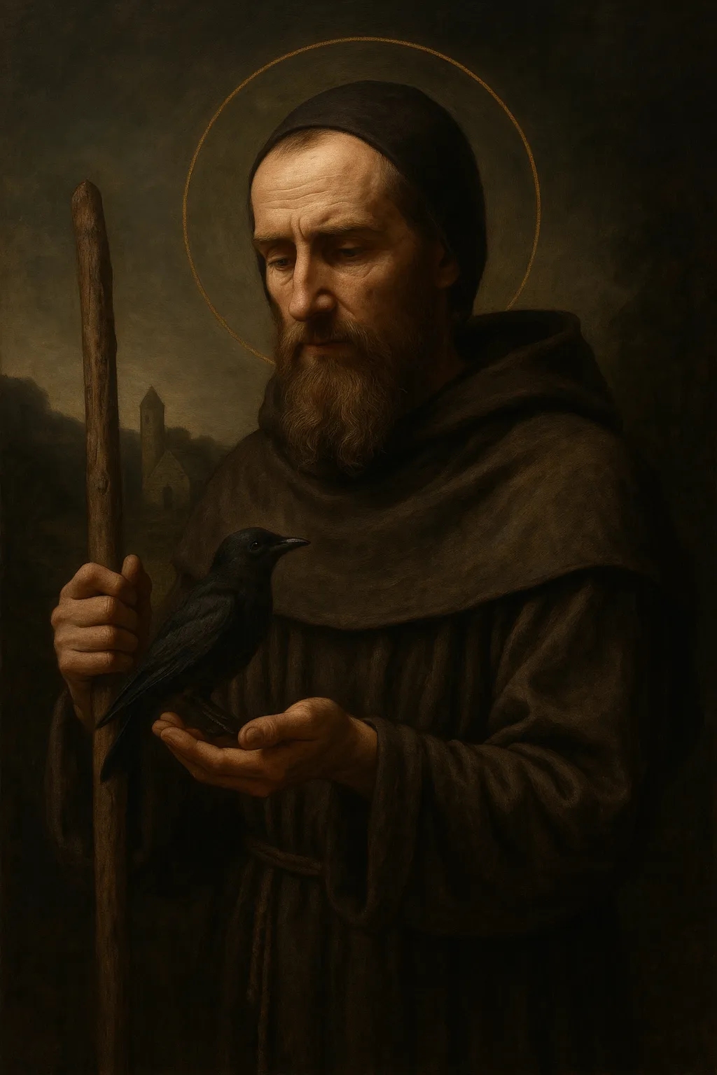 Saint Kevin of Glendalough as a hermit-monk, a blackbird resting in his open hand and a round tower in the valley behind him