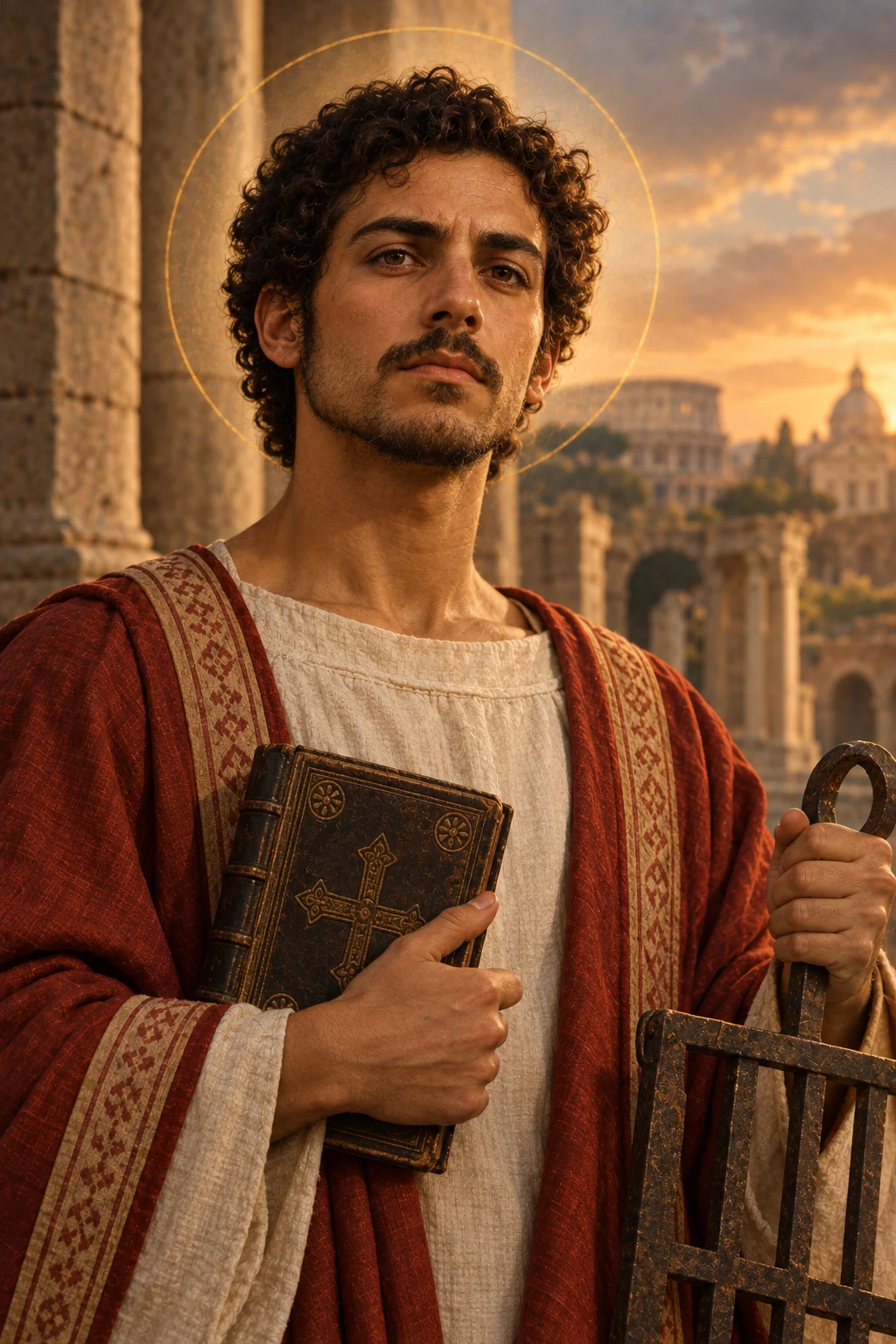 Saint Lawrence of Rome in a deacon’s vestment, holding a book beside a gridiron.