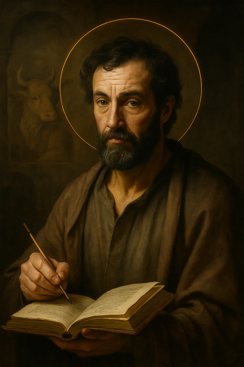 Saint Luke the Evangelist writing, with an ox beside him.