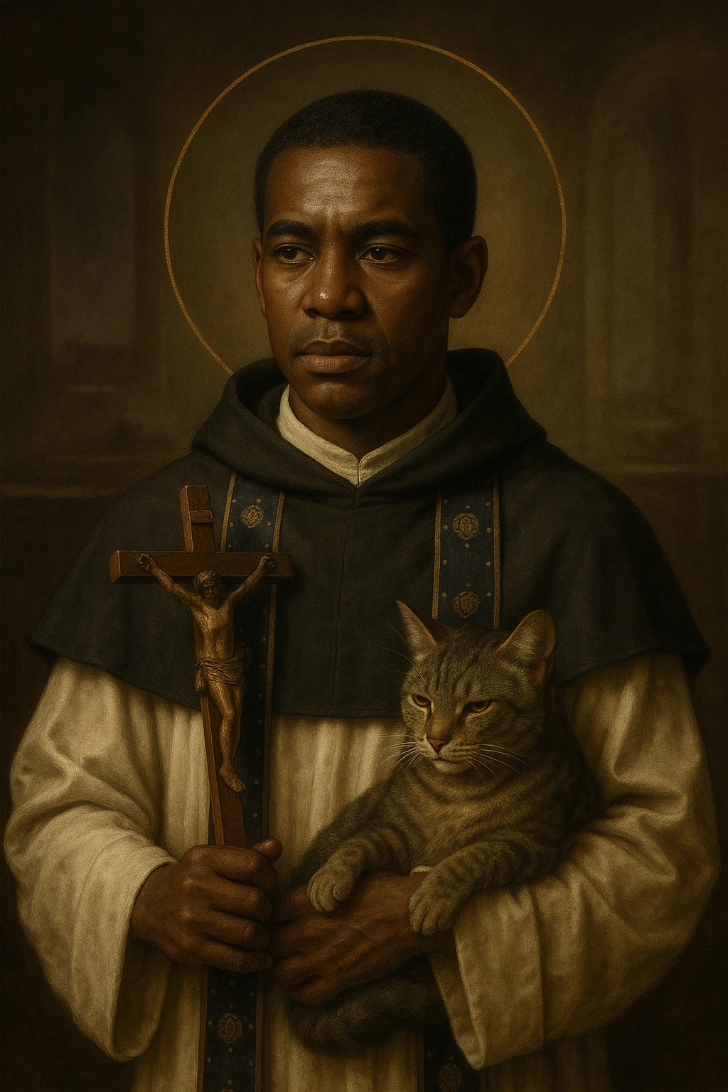 Saint Martin de Porres depicted as a Dominican lay brother holding a broom and rosary