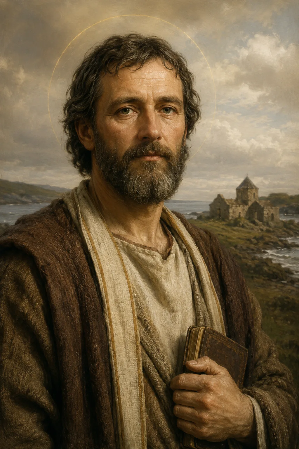 Contemporary devotional portrait of Saint Ninian holding a Gospel book, with a small stone church on a coastal landscape behind him.