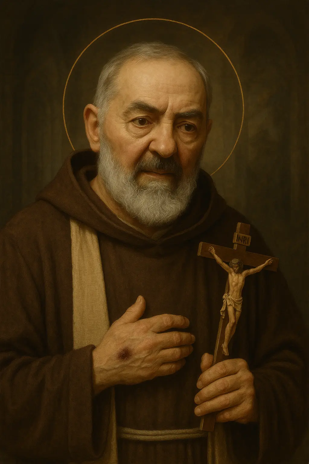 Saint Padre Pio of Pietrelcina, Capuchin friar, shown in the brown habit with mittened hands covering the stigmata
