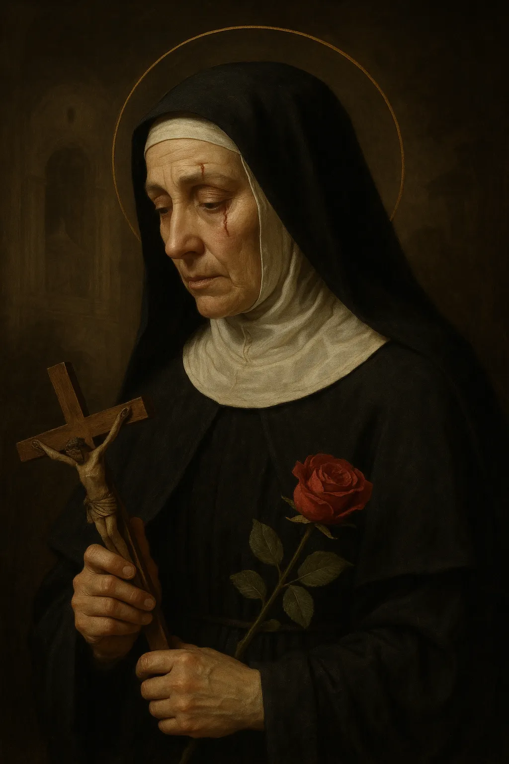 Saint Rita of Cascia in the Augustinian habit, holding roses.