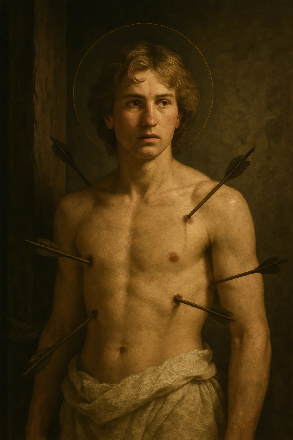 Saint Sebastian bound to a column, pierced by arrows.