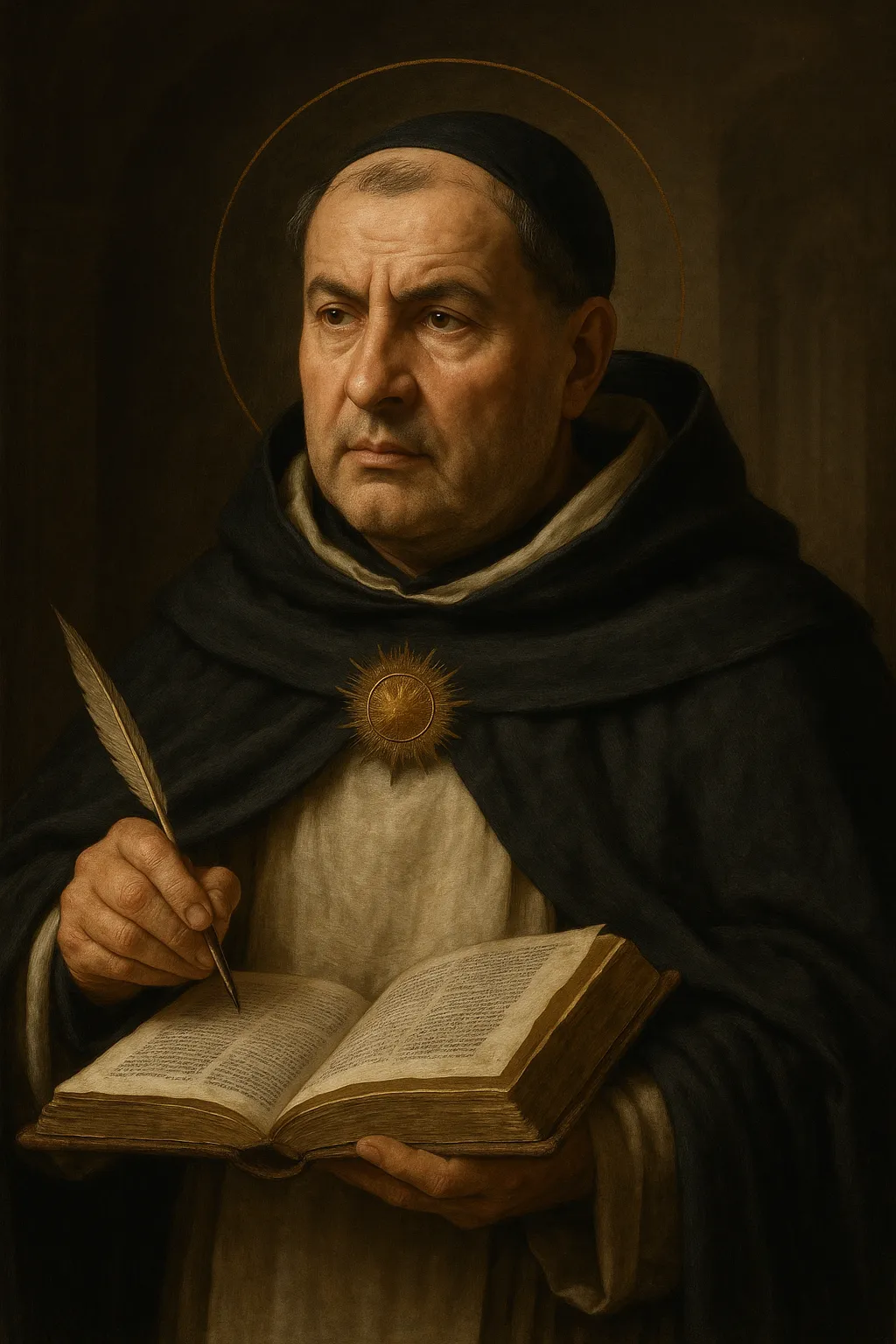 Saint Thomas Aquinas, Dominican theologian, depicted in the Dominican habit with a quill and open book and a sunburst emblem on his chest